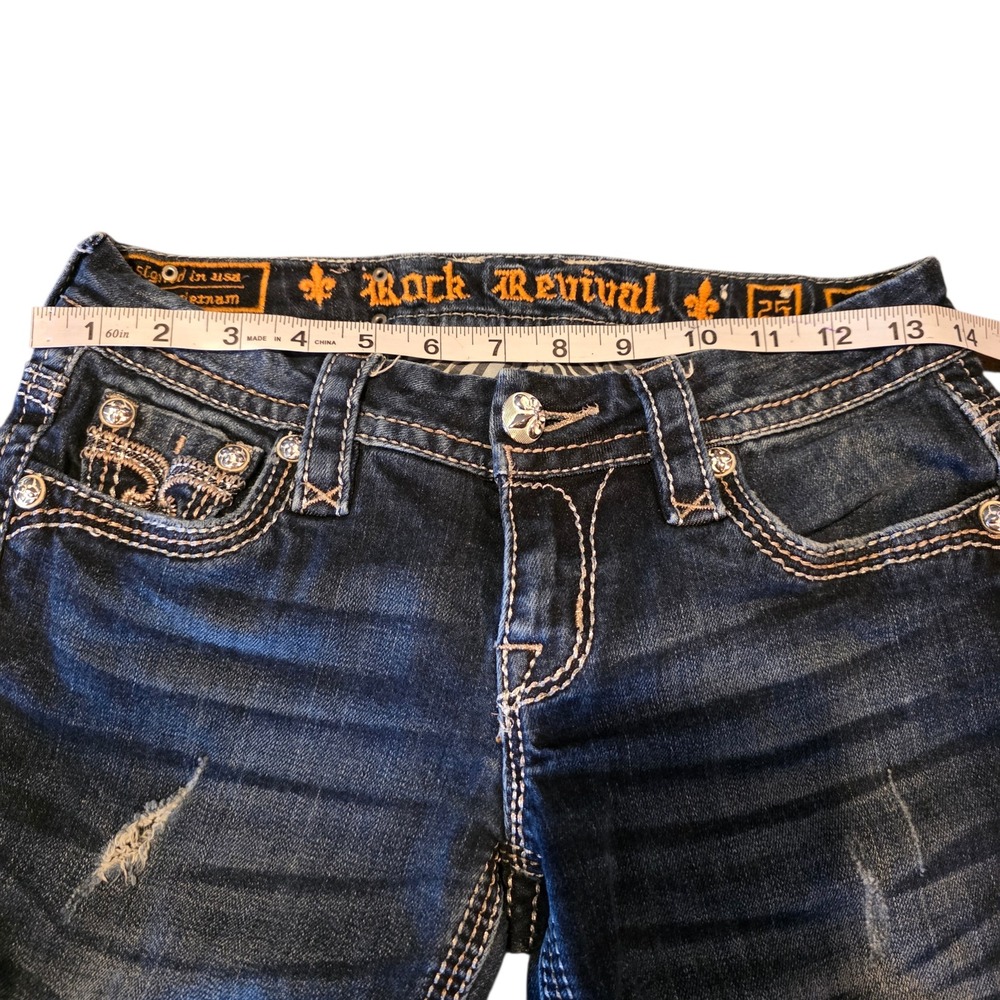 Rock Revival Drew Bootcut Jeans Women Size 25 Dark Wash Distressed Rhinestone - Picture 11 of 14